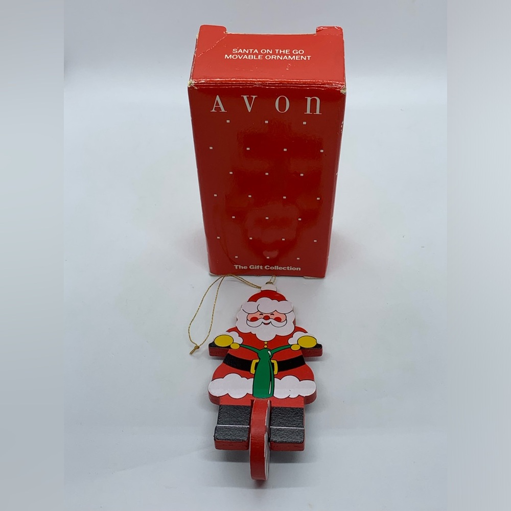 Vintage AVON Santa On The Go Movable Wooden Ornament